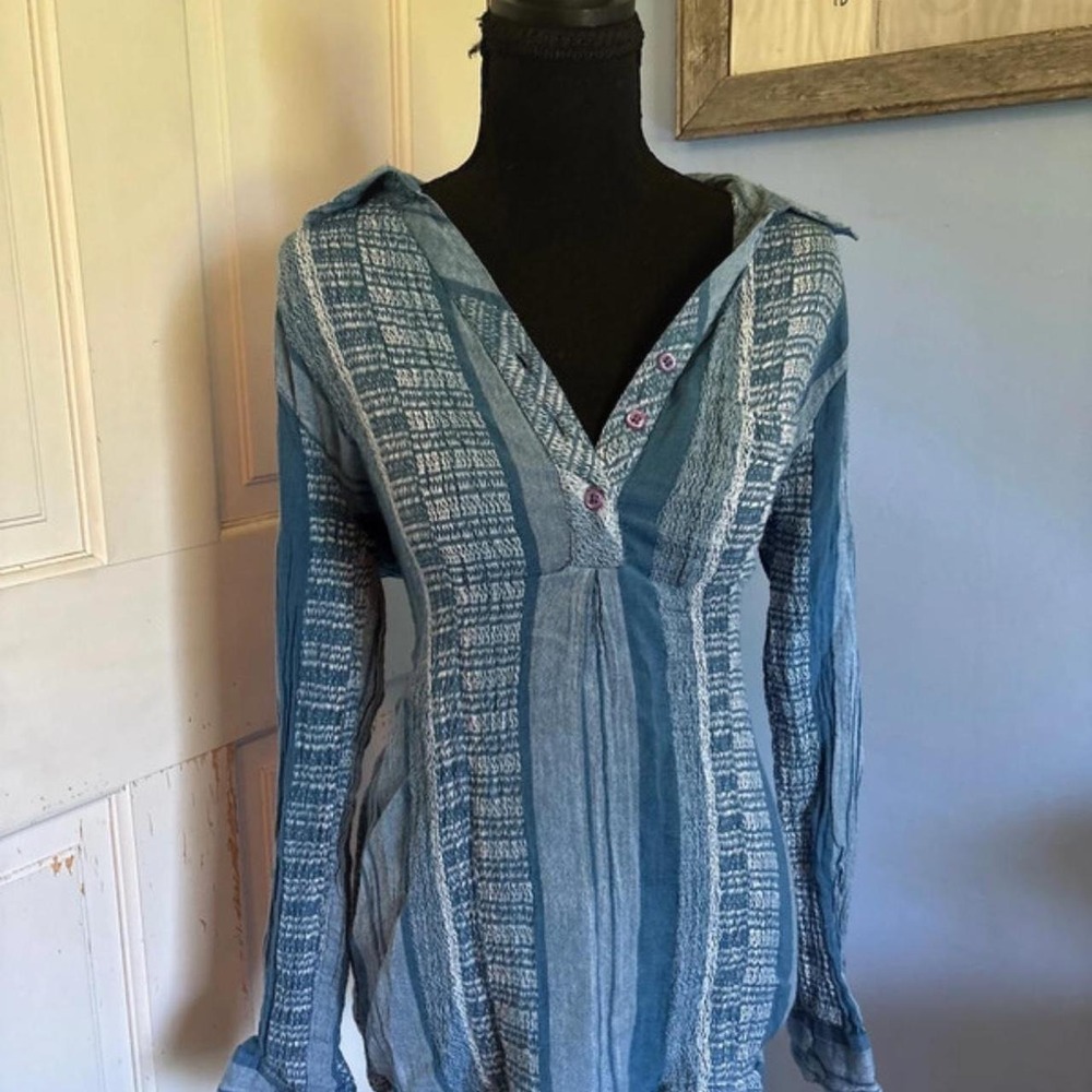 American Sweetheart Blue Multi Stripe Long Sleeve Coastal Beachy Top Womens M